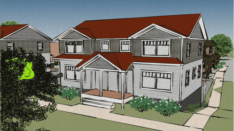 Rendering of a twin home with gray siding and a red roof.