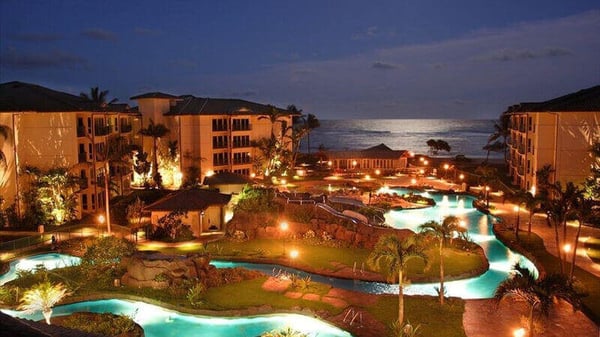 A view of the Waipouli Beach Resort and Spa at dusk.