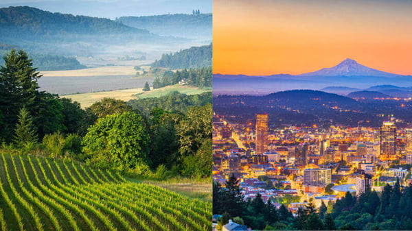 Two images, one of the Willamette Valley, and the second is a view of the Portland skyline at dusk.