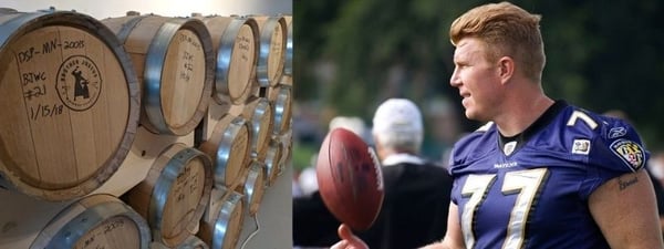 Two images - to the left, rows of whiskey barrels at Brother Justus distillery. To the right, Minnesota Viking Matt Birk with a football.