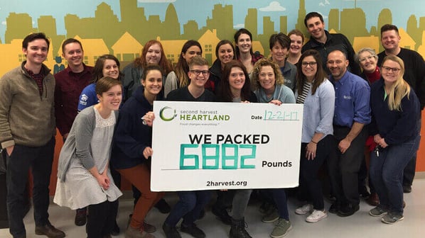 Volunteers holding a sign with the Second Harvest Heartland logo saying "We packed 6882 Pounds."