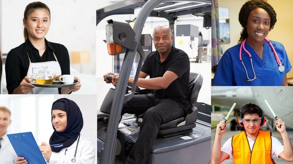 Five images of different jobs, performed by people of different genders and races. On the left are images of a waitress and a doctor, in the center is a man driving a cart at an airport, on the right are images of a nurse and an aircraft marshaller.