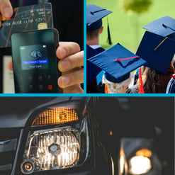 Three images. The top two are of a cell phone with a credit card, and of a graduation ceremony - the caps are blue. The bottom image is a close-up of a car light on a black vehicle, which appears to be in traffic in front of another car.