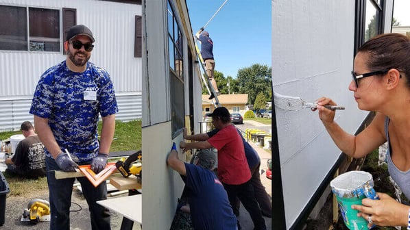 Three images. Left: A volunteer measuring a wooden beam. Center: Volunteers attaching new siding to Mark's home. Right: A volunteer painting Mark's home.