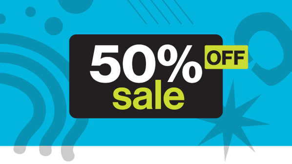 A blue image with various designs, and text in the middle saying "50% OFF Sale" in white and green against a black box.
