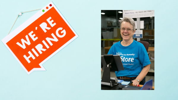 An orange "We're hiring" sign against a light blue background. To the right is an image of a ReStore employee at the cash register.