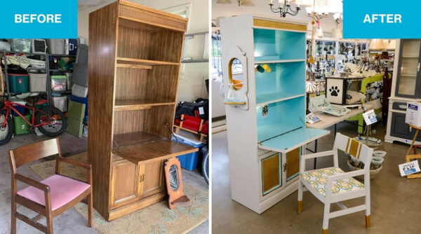 Before and after images, from left to right. To left: A wooden hutch, an old mirror, and a wooden chair with a pink seat. To right: The hutch has been painted white, with light blue interior and gold accents, and the mirror painted and hung on the side. The chair's seat has a matching patterned fabric, and the wood is painted white and gold.