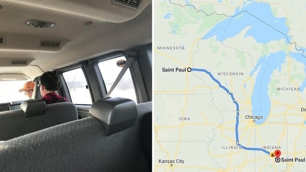 Two images. To the left, the interior of a car. To the right, a map of the trip from Saint Paul, Minnesota to Saint Paul, Indiana.