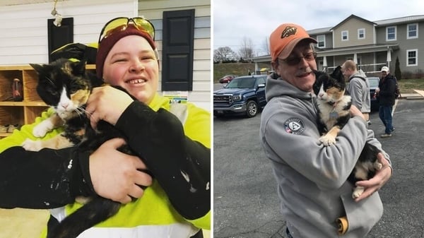 Two images - to the left, Shan Bolen holding Callie, the HabiCat. To the right, Jim Batholomew holding Callie.