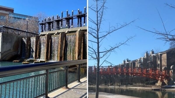 Two images in Indianapolis - to the left, a man-made waterfall. To the right, a red painted bridge.