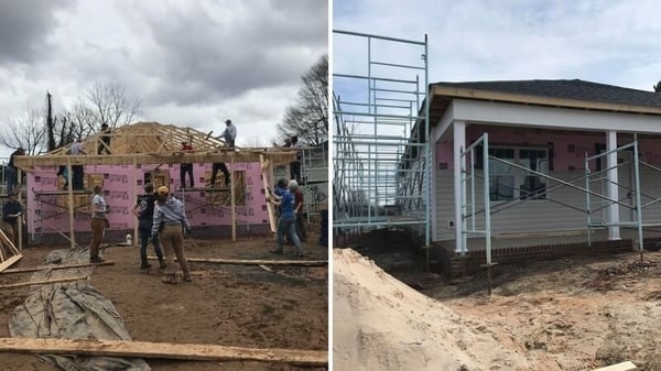 Two images - to the left, AmeriCorps members working on a roof and siding for a house. To the right, the same house with a mostly-completed roof and siding.