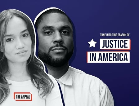 Black and white cutout images of Josie Duffy Rice and co-host Zak Cheney Rice, against a dark blue background which features a white start next to white text saying "Tune into this season of Justice in America." "Justice in America" is dark blue text in white boxes, that have red shadowing. The words "The Appeal" are encompassed by a red frame in the bottom left, overlaying the Duffy Rice photo. Both are wearing white shirts and looking seriously at the camera.