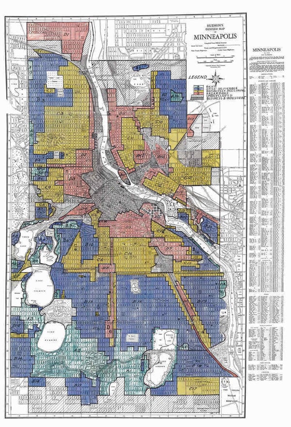A map titled "Hudson's Indexed Map of Minneapolis," which shows the patterns of redlining in Minneapolis neighborhoods.