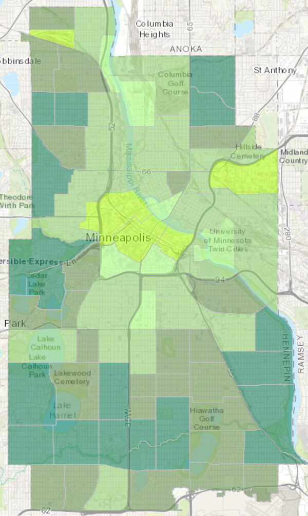 A map of areas of higher and lower density tree canopies in Minneapolis.