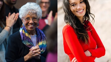 Two pictures. Left: A close-up on Dr. Josie Johnson, in a purple shirt, black pinstripe jacket, and a blue, purple and yellow patterned infinity scarf, smiling in a crowd with her hands clasped. Right: Josie Duffy Rice, in a bright red sweater, smiling with her arms crossed.