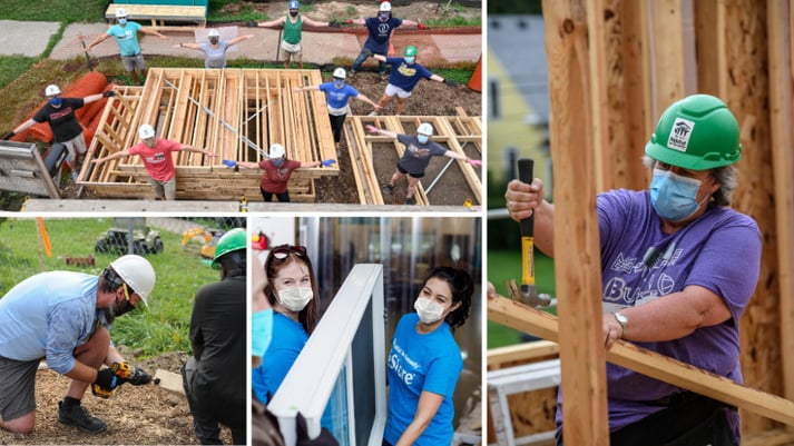 a collage of volunteers working on site.
