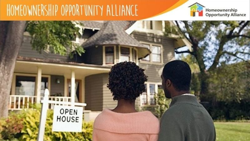 A couple standing in front of a house with an "Open House" sign. At the top is a banner saying "Homeownership Opportunity Alliance."