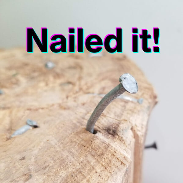 A meme "nailed it" showing a nail sticking out of a log.