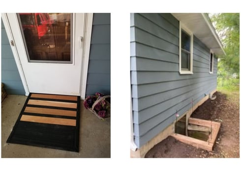 Two images of an accessibility ramp at Sheila's front door, and repaired egress windows.