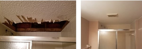A before-and-after of ceiling repair work.
