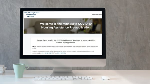 A computer screen showing the Minnesoa COVID-19 Housing Assistance Pre-Application screen.