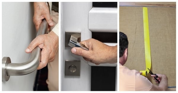 Three images. From left to right: Someone installing a grab bar on a wall, installing a lever-handle doorknob, cutting a piece of yellow tape on the floor.