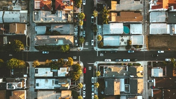 An aerial view of a neighborhood.