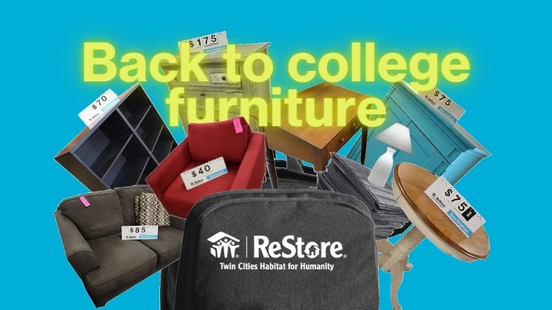 A collage of ReStore items with the text "back to college furniture."