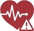 An illustration of a read heart with an EEG line through it, and a warning sign.
