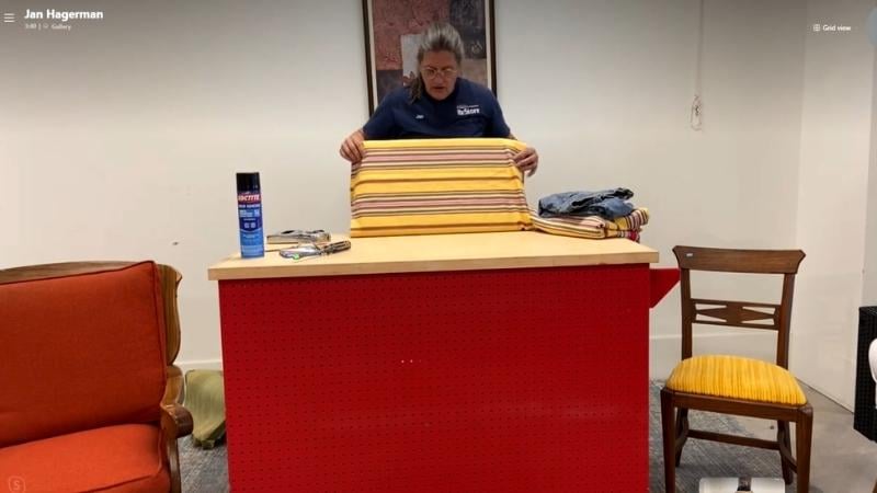 Jan demonstrates reupholstering furniture.