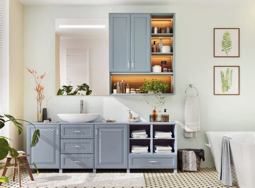 Gray bathroom cabinets and vanity.