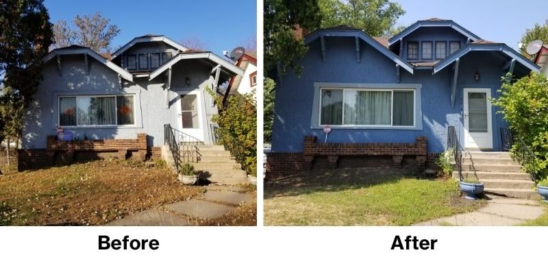 Photos of Cynthia's home, before and after being painted blue.