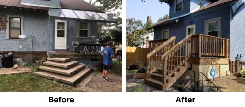 Before and after Cynthia's back steps and deck were repaired.