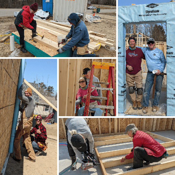 Collage of photos showing volunteers working on a construction site