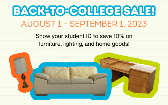 Back to college sale information, with images of a couch, lamp, and desk.