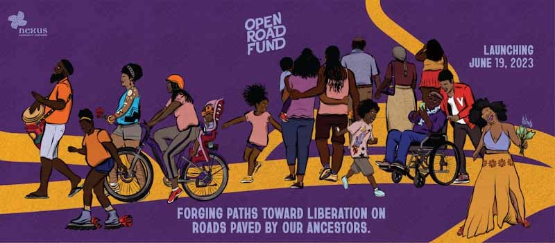 Open Road Fund banner with illustration of a big group of people walking together