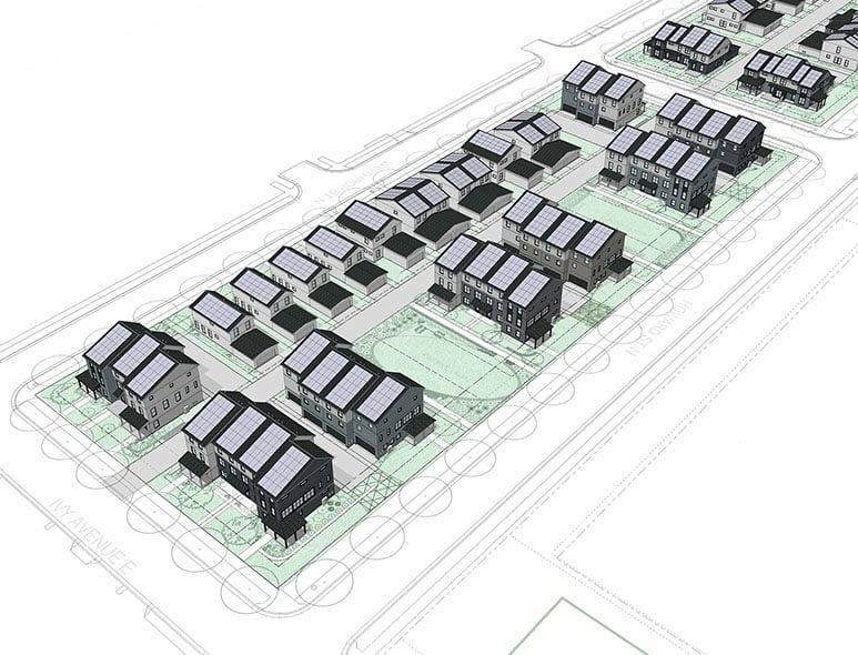 Aerial rendering of a block of Habitat's homes at The Heights