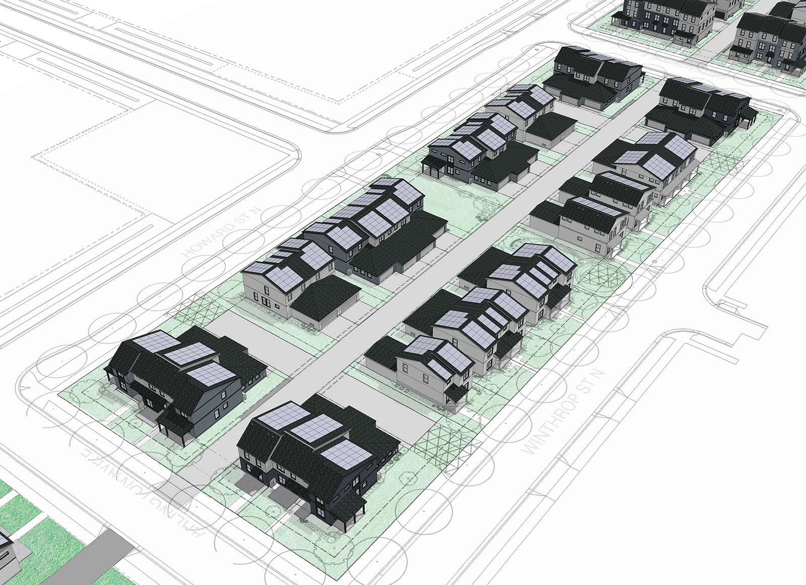 A second aerial rendering of a block of Habitat's homes at The Heights