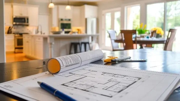 Floor plans laid out on a table.