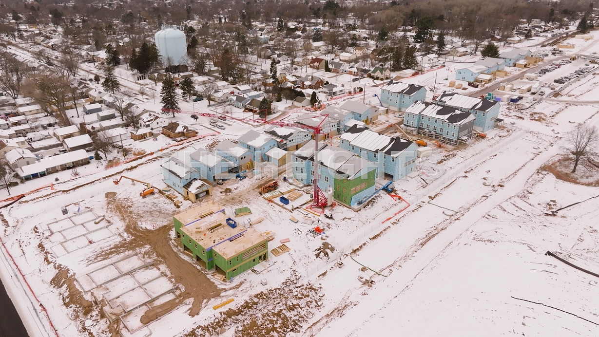 Aerial view of The Heights in winter 2024.
