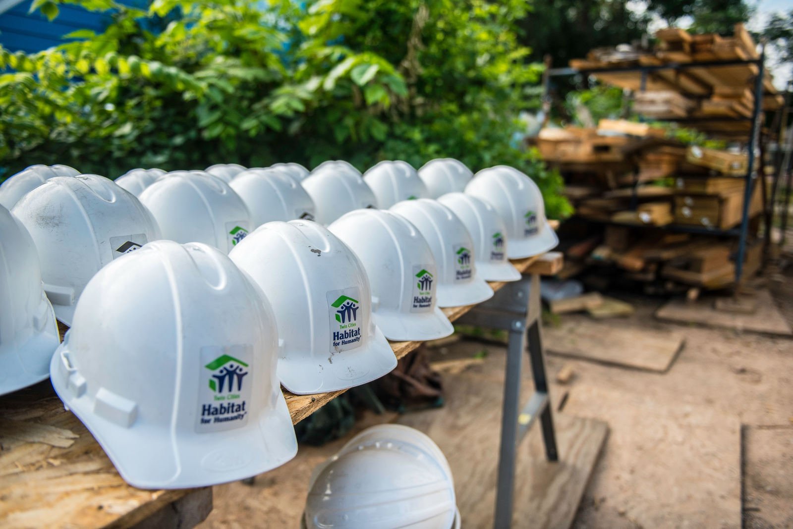 Lineup of hard hats.