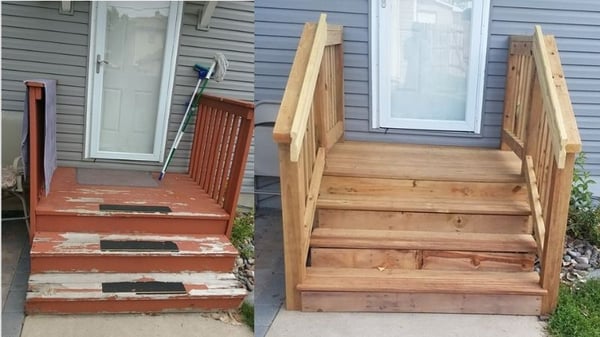 Before and after image of repaired front porch.
