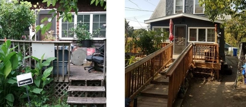 Before and after of a front porch repaired with an accessibility ramp.
