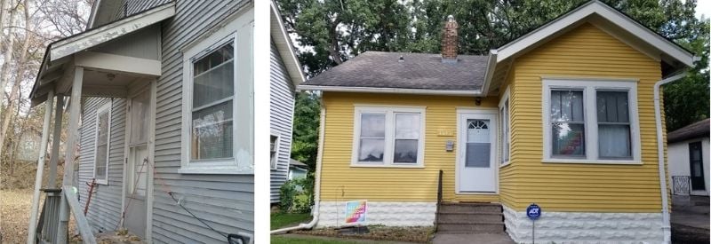 Before and after of an exterior paint job.