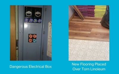 A blue box holding two images, the first is an old gray electrical box with the caption "Dangerous Electrical Box," and the second is new wood-look flooring laid over linoleum with some books on the floor, the caption says "New Flooring Placed Over Torn Linoleum."