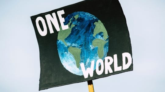 A black poster with a painted Earth on it saying "One World."