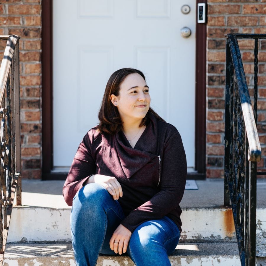 Anne on her front steps.