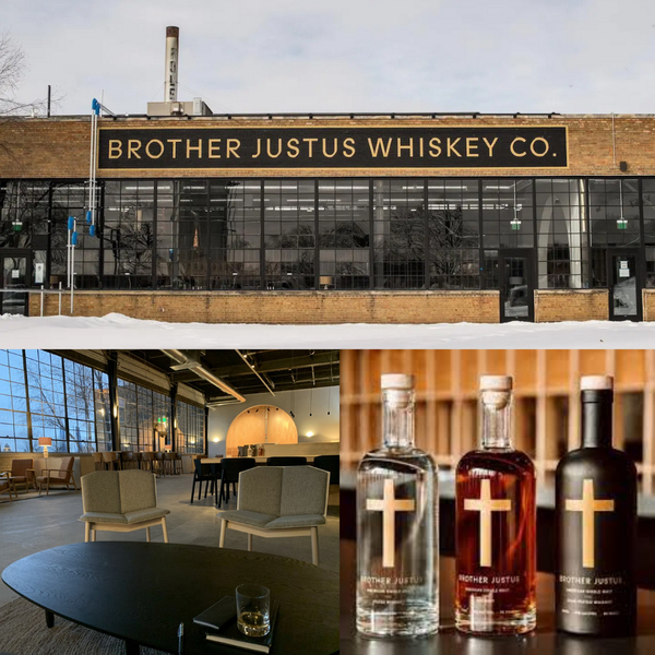 A collage of photos of the Brother Justus distillery and bottled whiskeys.