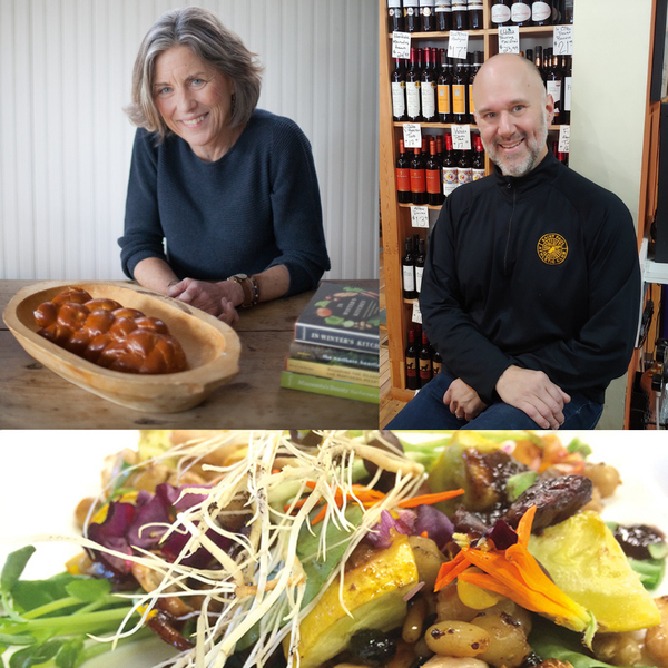 A collage of photos with Chef Beth Dooley, Solo Vino proprietor Chuck Kanski, and a close-up of a colorful salad.