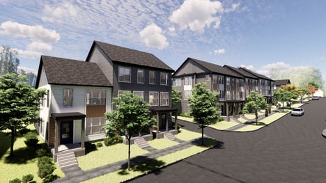 Rendering of townhomes along a tree-lined street